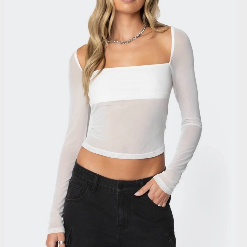 Edikted White Sheer Long Sleeve Crop Top